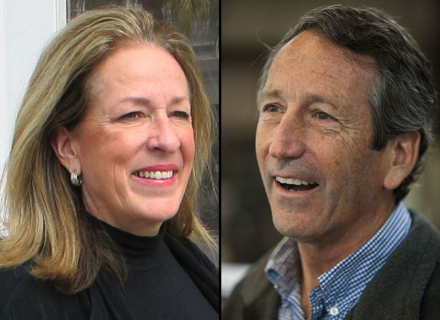 This photo combination shows Elizabeth Colbert Busch posing outside her campaign headquarters in Charleston, S.C., on Wednesday, Feb. 13, 2013, left, and Former South Carolina Gov. Mark Sanford speaking with reporters at Hay Tire & Automotive in Mount Pleasant, S.C., on Monday, April 22, 2013. (AP Photo/Bruce Smith and Mic Smith)