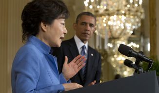 South Korean President Park Geun-Hye speaks during a news conference with President Obama in the East Room of the White House in Washington on Tuesday, May 7, 2013. (AP Photo/Jacquelyn Martin)