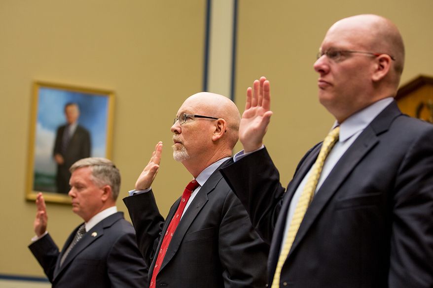 Left to right: State Department officials Acting Deputy Assistant Secretary for Counterterrorism Mark Thompson, Foreign Service Officer and former Deputy Chief of Mission/ChargÈ díAffairs in Libya Gregory Hicks, and Diplomatic Security Officer and former Regional Security Officer in Libya Eric Nordstrom are sworn in to testify before a House Oversight and Government Reform Committee hearing on the September 11, 2012 attack in Benghazi, Libya on Capitol Hill, Washington, D.C., Wednesday, May 8, 2013. (Andrew Geraci/The Washington Times)