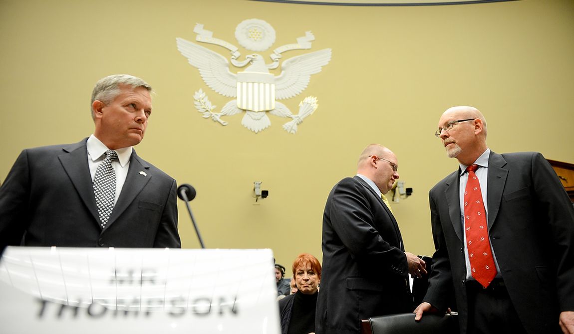 Left to right: State Department officials Acting Deputy Assistant Secretary for Counterterrorism Mark Thompson, Diplomatic Security Officer and former Regional Security Officer in Libya Eric Nordstrom, and Foreign Service Officer and former Deputy Chief of Mission/Charg&amp;#195;&amp;#710; d&amp;#195;&amp;#173;Affairs in Libya Gregory Hicks, arrive to testify before a House Oversight and Government Reform Committee hearing on the September 11, 2012 attack in Benghazi, Libya on Capitol Hill, Washington, D.C., Wednesday, May 8, 2013. (Andrew Harnik/The Washington Times)