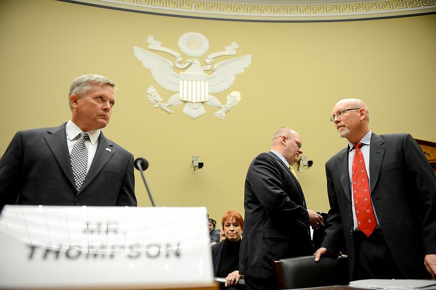 Left to right: State Department officials Acting Deputy Assistant Secretary for Counterterrorism Mark Thompson, Diplomatic Security Officer and former Regional Security Officer in Libya Eric Nordstrom, and Foreign Service Officer and former Deputy Chief of Mission/ChargÈ díAffairs in Libya Gregory Hicks, arrive to testify before a House Oversight and Government Reform Committee hearing on the September 11, 2012 attack in Benghazi, Libya on Capitol Hill, Washington, D.C., Wednesday, May 8, 2013. (Andrew Harnik/The Washington Times)