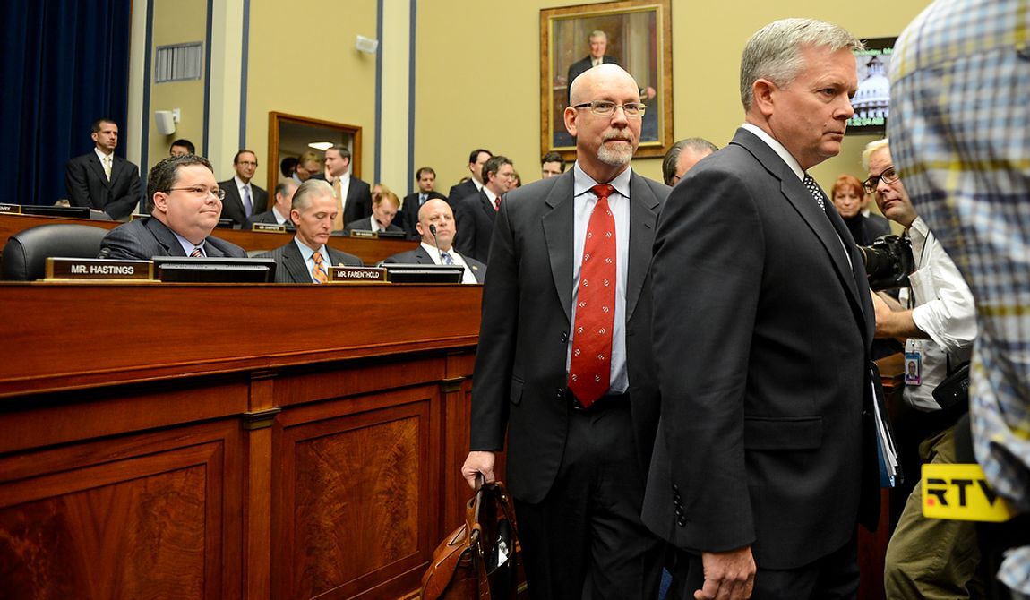 Foreign Service Officer and former Deputy Chief of Mission/Charg&amp;#195;&amp;#710; d&amp;#195;&amp;#173;Affairs in Libya Gregory Hicks, center, and State Department officials Acting Deputy Assistant Secretary for Counterterrorism Mark Thompson, right, arrive to testify before a House Oversight and Government Reform Committee hearing on the September 11, 2012 attack in Benghazi, Libya on Capitol Hill, Washington, D.C., Wednesday, May 8, 2013. (Andrew Harnik/The Washington Times)