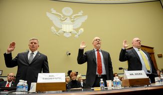 Left to right: State Department officials Acting Deputy Assistant Secretary for Counterterrorism Mark Thompson, Foreign Service Officer and former Deputy Chief of Mission/Charg&amp;#195;&amp;#710; d&amp;#195;&amp;#173;Affairs in Libya Gregory Hicks, and Diplomatic Security Officer and former Regional Security Officer in Libya Eric Nordstrom are sworn in to testify before a House Oversight and Government Reform Committee hearing on the September 11, 2012 attack in Benghazi, Libya on Capitol Hill, Washington, D.C., Wednesday, May 8, 2013. (Andrew Harnik/The Washington Times)
