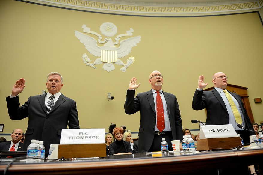 Left to right: State Department officials Acting Deputy Assistant Secretary for Counterterrorism Mark Thompson, Foreign Service Officer and former Deputy Chief of Mission/ChargÈ díAffairs in Libya Gregory Hicks, and Diplomatic Security Officer and former Regional Security Officer in Libya Eric Nordstrom are sworn in to testify before a House Oversight and Government Reform Committee hearing on the September 11, 2012 attack in Benghazi, Libya on Capitol Hill, Washington, D.C., Wednesday, May 8, 2013. (Andrew Harnik/The Washington Times)