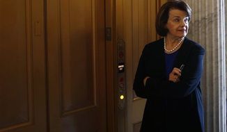 Sen. Dianne Feinstein, D-Calif. waits for an elevator on Capitol Hill in Washington, Wednesday, April 17, 2013, after speaking about gun legislation on the Senate floor. A bipartisan effort to expand background checks was in deep trouble Wednesday as the Senate approached a long-awaited vote on the linchpin of the drive to curb gun violence. (Associated Press)

