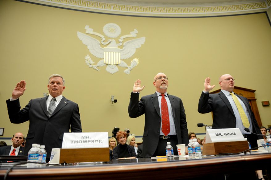 Left to right: State Department officials Acting Deputy Assistant Secretary for Counterterrorism Mark Thompson, Foreign Service Officer and former Deputy Chief of Mission in Libya Gregory Hicks, and Diplomatic Security Officer and former Regional Security Officer in Libya Eric Nordstrom are sworn in to testify before a House Oversight and Government Reform Committee hearing on the Sept. 11, 2012, attack in Benghazi, Libya, on Capitol Hill, Washington, D.C., Wednesday, May 8, 2013. (Andrew Harnik/The Washington Times)