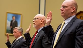 Left to right: State Department officials Acting Deputy Assistant Secretary for Counterterrorism Mark Thompson, Foreign Service Officer and former Deputy Chief of Mission in Libya Gregory Hicks, and Diplomatic Security Officer and former Regional Security Officer in Libya Eric Nordstrom are sworn in to testify before a House Oversight and Government Reform Committee hearing on the Sept. 11, 2012, attack in Benghazi, Libya, on Capitol Hill, Washington, D.C., Wednesday, May 8, 2013. (Andrew Geraci/The Washington Times)