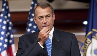 **FILE** House Speaker John Boehner, Ohio Republican, meets with the press at the U.S. Capitol in Washington on May 9, 2013. (Associated Press)