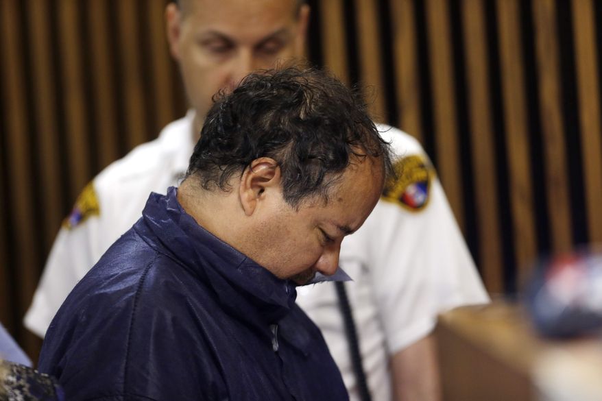 Ariel Castro appears in Cleveland Municipal Court on Thursday, May 9, 2013, in Cleveland. He was charged with four counts of kidnapping and three counts of rape. (AP Photo/Tony Dejak)