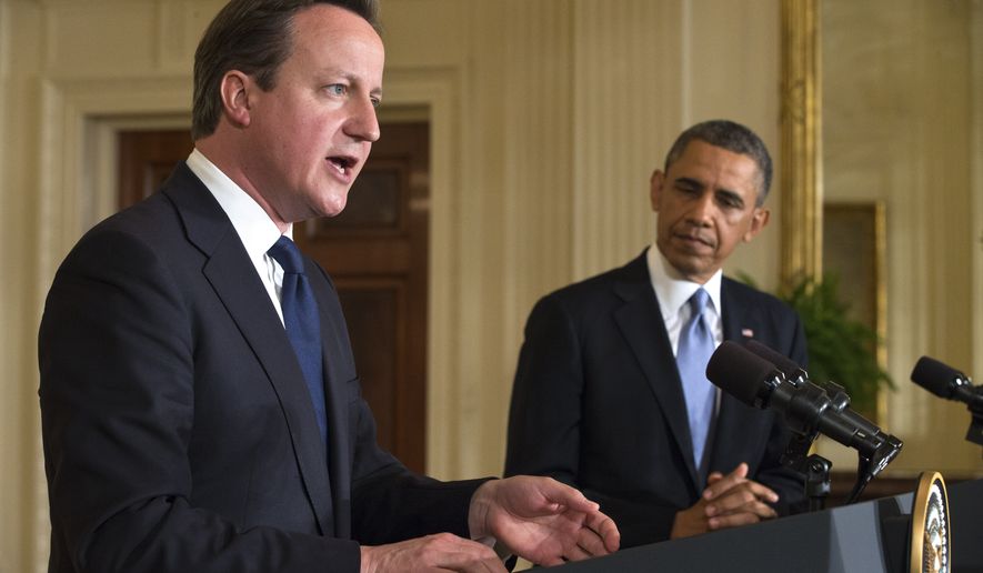 British Prime Minister David Cameron speaks during a joint news conference with President Obama on May 13, 2013, in the East Room of the White House. (Associated Press)
