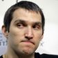 Washington Capitals captain and left wing, Alex Ovechkin, from Russia, pauses while speaking during a media availability at their NHL hockey practice facility, Tuesday, May 14, 2013 in Arlington, Va. The Capitals were eliminated in the first round of the playoffs by the New York Rangers.(AP Photo/Alex Brandon)