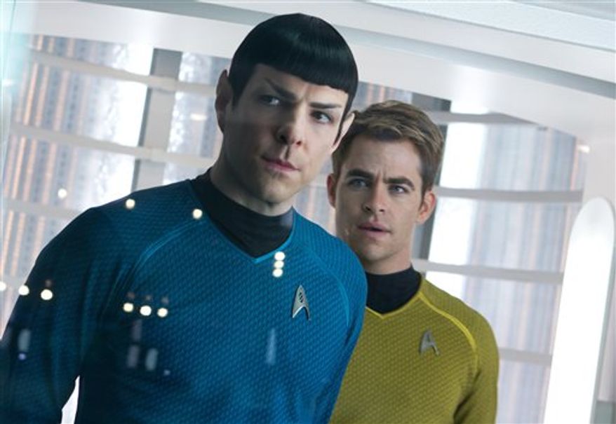 Zachary Quinto, left, as Spock and Chris Pine as Kirk in a scene from "Star Trek Into Darkness." (AP Photo/Paramount Pictures, Zade Rosenthal)