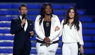 Host Ryan Seacrest, left, and finalists Candice Glover, center, and Kree Harrison speak on stage at the &quot;American Idol&quot; finale at the Nokia Theatre at L.A. Live on Thursday, May 16, 2013, in Los Angeles. (Photo by Matt Sayles/Invision/AP)