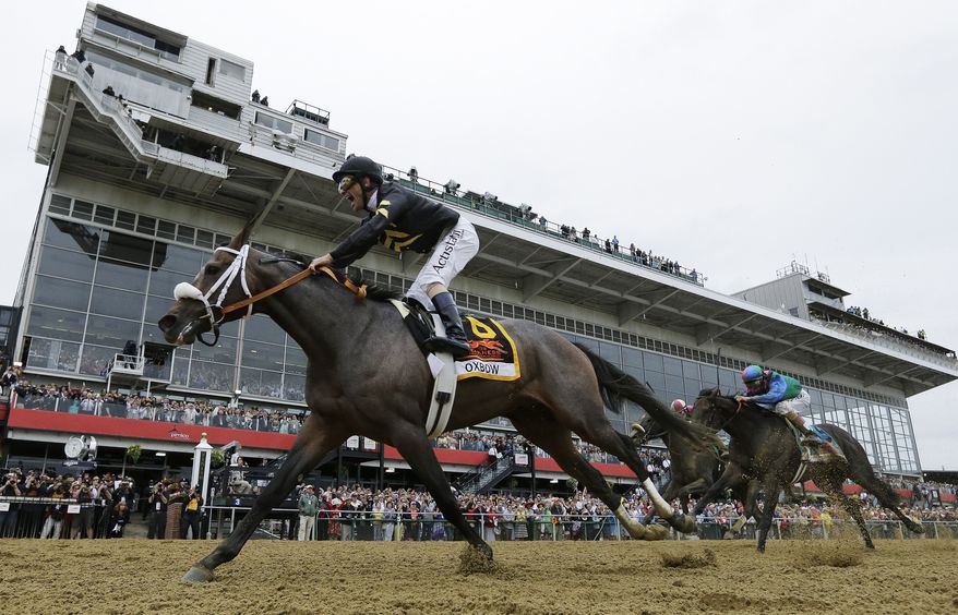 Oxbow, ridden by jockey Gary Stevens, wins the 138th Preakness Stakes horse race at Pimlico Race Course on Saturday, May 18, 2013, in Baltimore. (AP Photo/Matt Slocum)