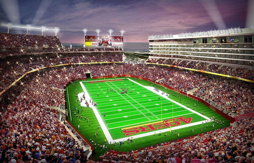In this artist drawing provided by the San Francisco 49ers, the proposed 49ers stadium in Santa Clara, Calif. is shown. NFL owners will vote on the sites of the 50th and 51st Super Bowls on Tuesday, May 21, 2013 at their spring meetings. The San Francisco area, where the new stadium is being built in Santa Clara, and South Florida are competing for the the 50th edition, to be held in February 2016. The loser in that bidding will go against Houston to host the 51st game the following year.(AP Photo/San Francisco 49ers)