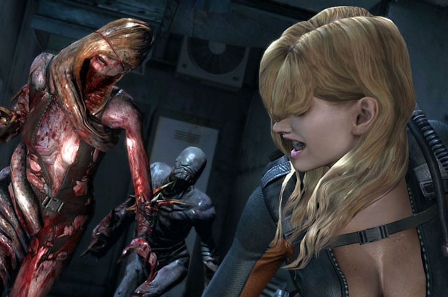 Rachel tries to outrun Rachel in the video game Resident Evil Revelations.
