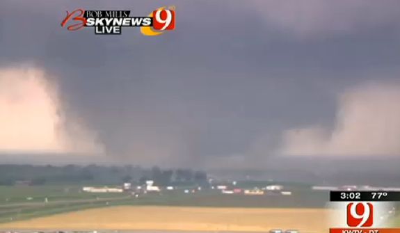 This frame grab provided by KWTV shows a tornado in Oklahoma City on May 20, 2013. Television footage shows flattened buildings and fires after a mile-wide tornado moved through the Oklahoma City area. (Associated Press/Courtesy KWTV)