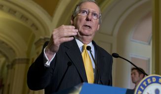 ** FILE ** Senate Minority Leader Mitch McConnell, Kentucky Republican, speaks during a news conference on Capitol Hill in Washington on Tuesday, May 21, 2013, following a Republican policy luncheon. (Associated Press)