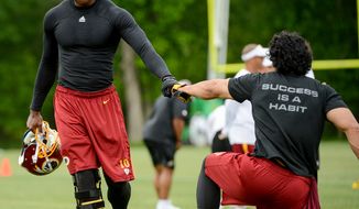 Washington Redskins quarterback Robert Griffin III works out with his team during organized team activities at Redskins Park, Ashburn, Va., Thursday, May 23, 2013. (Andrew Harnik/The Washington Times)