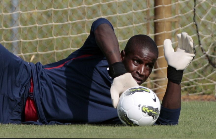 **FILE** U.S. men's soccer team goalkeeper Bill Hamid blocks a shot during practice in Fort Lauderdale, Fla., Tuesday, Oct. 4, 2011. (AP Photo/Alan Diaz)