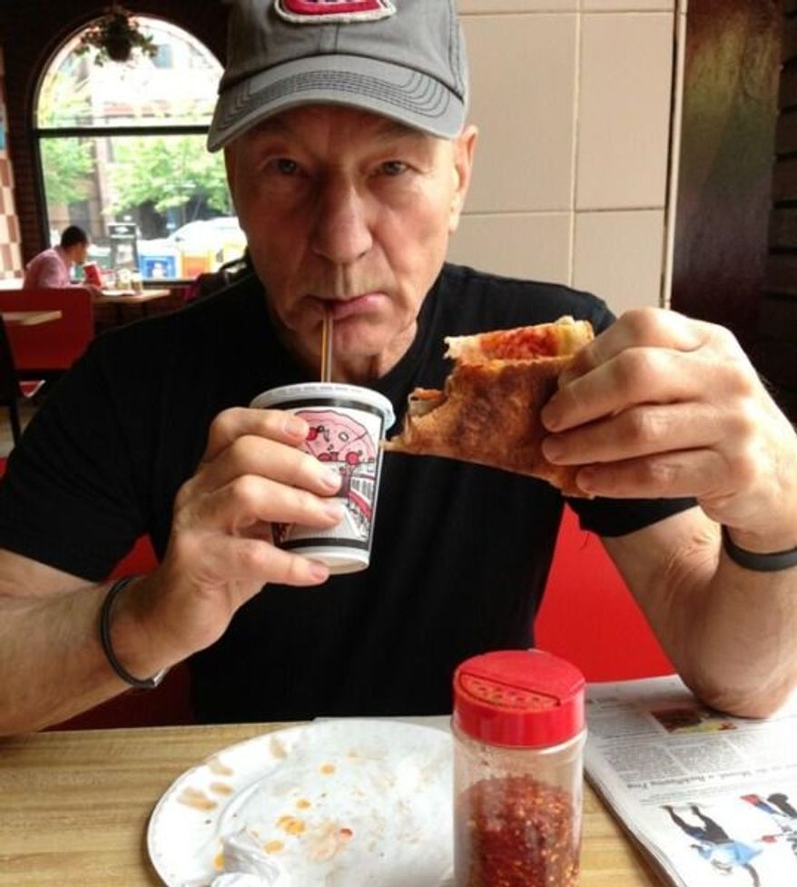 "My first ever pizza 'slice'. Please note: the authentic NY fold," Patrick Stewart tweeted on Thursday, May 30, 2013. (Image: Twitter)