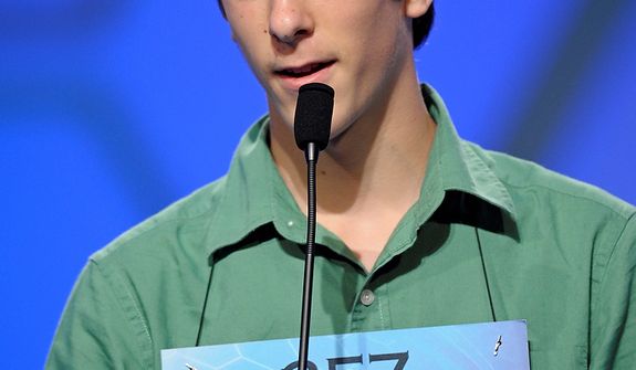 Ronan Howlett, 14, of Cornwall, Vt., incorrectly spells his word during the semifinal round of the Scripps National Spelling Bee in Oxon Hill, Md., Thursday, May 30, 2013. (AP Photo/Cliff Owen)