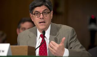 ** FILE ** Treasury Secretary Jack Lew testifies before the Senate Banking Committee on Capitol Hill in Washington on Tuesday, May 21, 2013. (Associated Press)