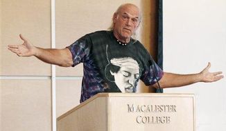 ** FILE ** Former Minnesota Gov. Jesse Ventura, wearing a shirt featuring an image of guitarist Jimi Hendrix, speaks at Macalester College on Friday, Sept. 21, 2012, in St. Paul, Minn., before an address by former New Mexico Gov. Gary Johnson. (Associated Press)