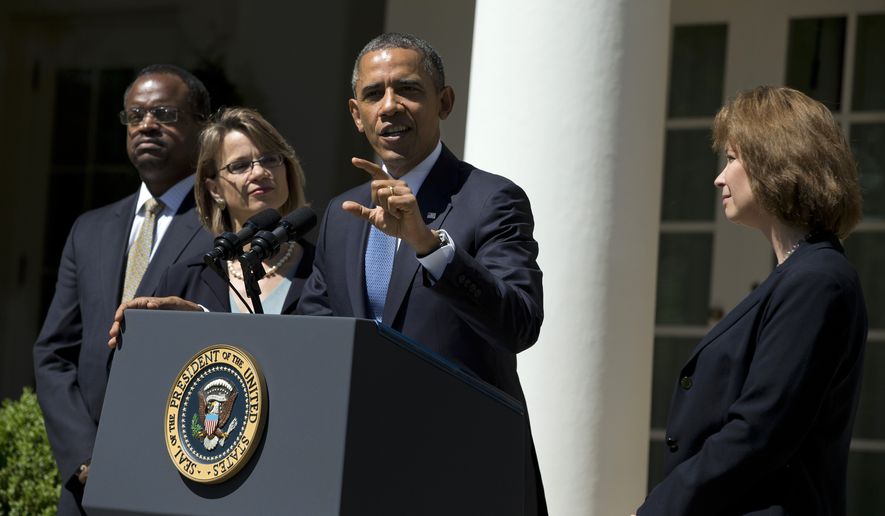 President Obama speaks June 4, 2013, in the Rose Garden of the White House while announcing the nominations of (from left) Robert Wilkins, Cornelia Pillard and Patricia Ann Millet to the D.C. Circuit Court of Appeals. (Associated Press)