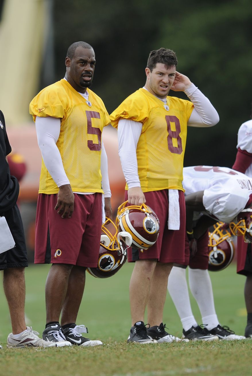 **FILE** Washington Redskins quarterbacks Donovan McNabb (5) and Rex Grossman (8) look on during practice at the NFL football team's training camp, Sunday, Aug. 15, 2010, at Redskins Park in Ashburn, Va. (AP Photo/Nick Wass)