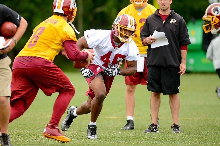 Washington Redskins running back Alfred Morris (46) runs a route from the backfield during a NFL football organized team activity at Redskins Park, Ashburn, Va., Thursday, June 6, 2013. (Andrew Harnik/The Washington Times)