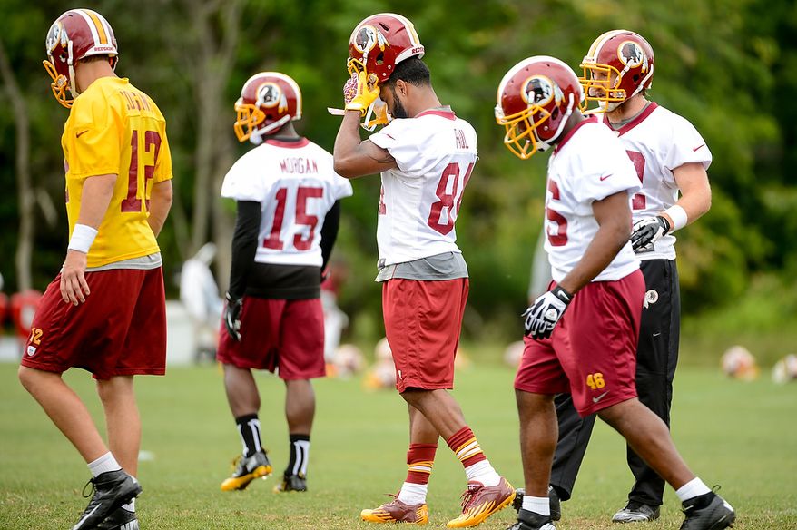 Washington Redskins tight end Niles Paul (84), center, during a NFL football organized team activity at Redskins Park, Ashburn, Va., Thursday, June 6, 2013. (Andrew Harnik/The Washington Times)