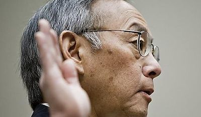 Former Department of Energy Secretary Steven Chu swears in before testifying Nov. 17, 2011, in Washington before the House Committee on Energy and Commerce&#39;s investigations panel on the department&#39;s handling of federal loans to solar panel manufacturer Solyndra. (T.J. Kirkpatrick/The Washington Times)