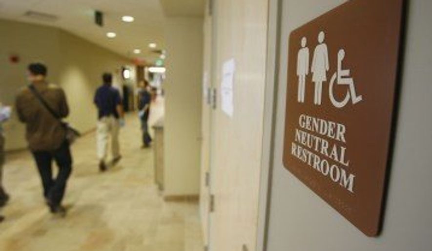 A gender-neutral restroom at the University of Vermont in Burlington, Vt., is seen here in 2007. (Associated Press) **FILE** 