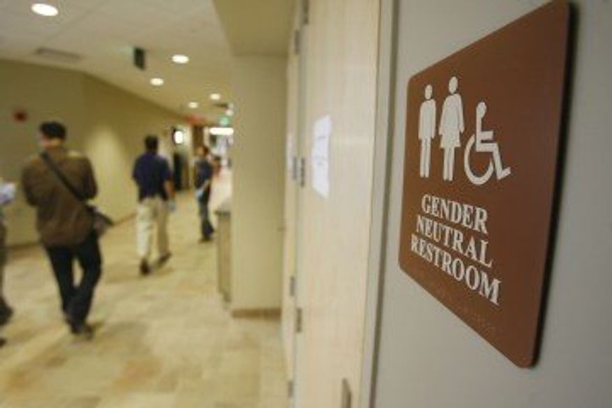 A gender-neutral restroom at the University of Vermont in Burlington, Vt., is seen here in 2007. (Associated Press) **FILE** 