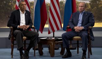 President Barack Obama meets with Russian President Vladimir Putin in Enniskillen, Northern Ireland, Monday, June 17, 2013. Obama and Putin discussed the ongoing conflict in Syria during their bilateral meeting. (AP Photo/Evan Vucci)
