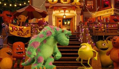 Mike Wazowski (above), voiced by Billy Crystal, is a striver after he hits the college campus in "Monsters University." There he meets Sully (left, center). (Disney-Pixar via Associated Press)