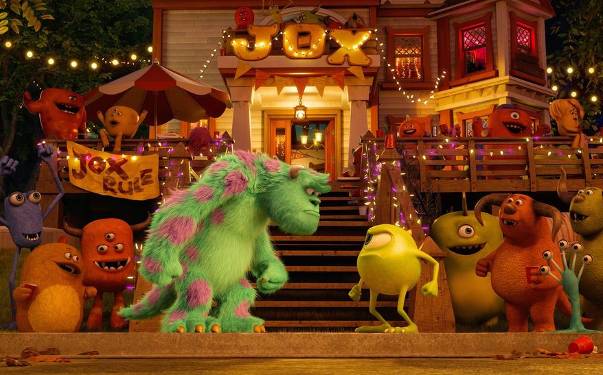 Mike Wazowski (above), voiced by Billy Crystal, is a striver after he hits the college campus in "Monsters University." There he meets Sully (left, center). (Disney-Pixar via Associated Press)