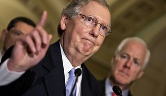 **FILE** Senate Minority Leader Mitch McConnell, Kentucky Republican, accompanied by Senate Minority Whip John Cornyn (right), Texas Republican, and Sen. John Barrasso, Wyoming Republican, speaks with reporters on Capitol Hill in Washington on June 18, 2013. (Associated Press)