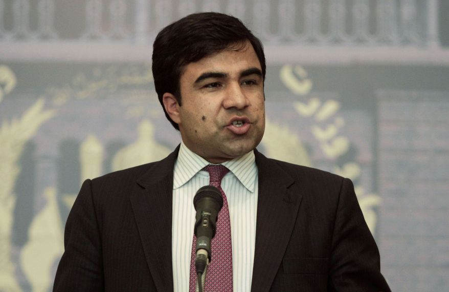 Foreign Ministry spokesman Janan Mosazai speaks during a press conference in Kabul, Afghanistan, Sunday, June 23, 2013. Mosazai said the Afghan government remains willing to send a peace delegation to Doha to negotiate with the Taliban once it has its explanation of how the Taliban were allowed to open an office in Qatar that was akin to an embassy. (AP Photo/Rahmat Gul)