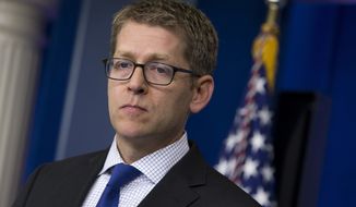 White House press secretary Jay Carney said on Monday, June 24, 2013, at the White House in Washington that the U.S. assumes Edward Snowden is now in Russia and that the White House expects Russian authorities to look at all the options available to them to expel Mr. Snowden to face charges in the U.S. for releasing secret surveillance information. (AP Photo/Evan Vucci)