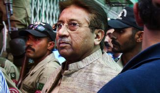** FILE ** In this April 20, 2013, file photo, Pakistan&#39;s former President and military ruler Pervez Musharraf arrives at an anti-terrorism court in Islamabad, Pakistan. Prime Minister Nawaz Sharif said Monday, June 24, 2013, Musharraf, who ousted him in a coup over a decade ago should be tried for treason. (AP Photo/Anjum Naveed, File)