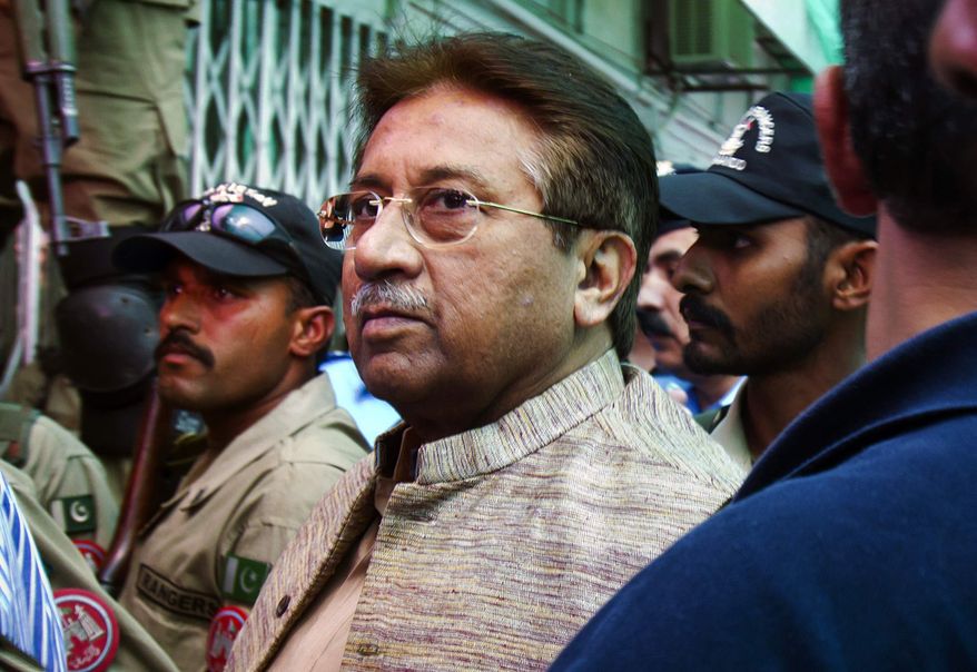 ** FILE ** In this April 20, 2013, file photo, Pakistan's former President and military ruler Pervez Musharraf arrives at an anti-terrorism court in Islamabad, Pakistan. Prime Minister Nawaz Sharif said Monday, June 24, 2013, Musharraf, who ousted him in a coup over a decade ago should be tried for treason. (AP Photo/Anjum Naveed, File)