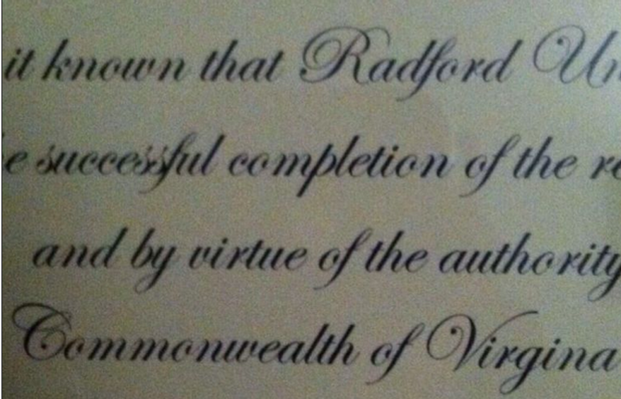 (Screen shot of a Reddit image of a Radford University diploma)