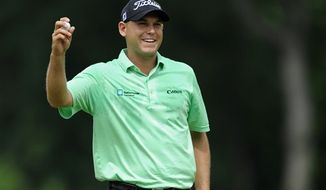 Bill Haas reacts after winning the AT&amp;T National golf tournament at Congressional Country Club, Sunday, June 30, 2013, in Bethesda, Md. (AP Photo/Nick Wass)