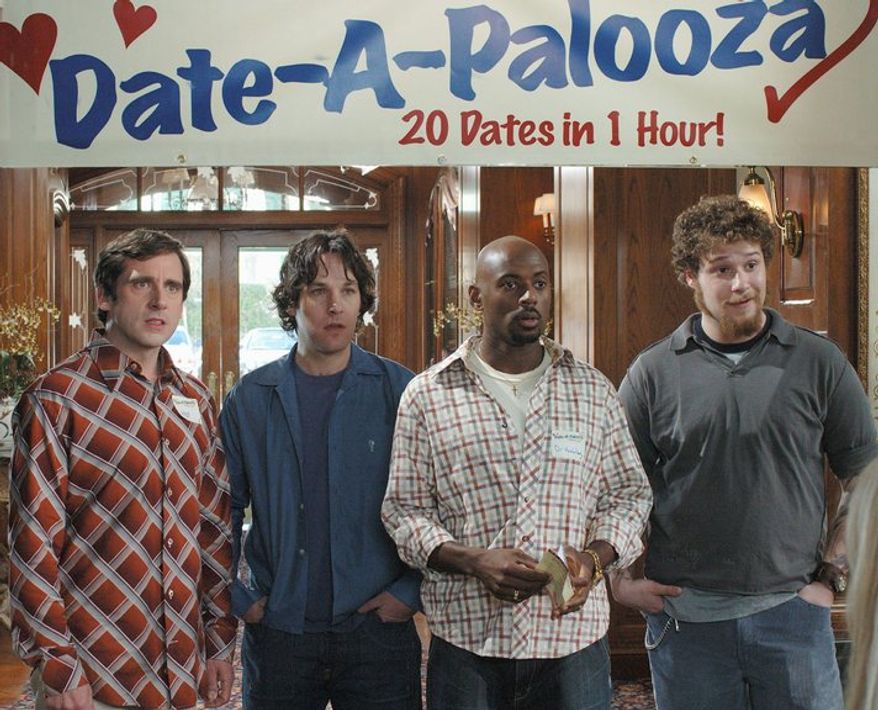 Steve Carell sees "The 40-Year-Old Virgin" as "about love." He plays Andy (left), whose pals played by Paul Rudd, Romany Malco and Seth Rogen try to find him a date. (Universal Studios via Associated Press)