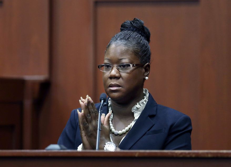 Sybrina Fulton, the mother of Trayvon Martin, takes the stand during George Zimmerman's trial in Seminole County circuit court in Sanford, Fla., on July 5, 2013. Zimmerman has been charged with second-degree murder for the 2012 shooting death of Martin. (Associated Press/Orlando Sentinel)
