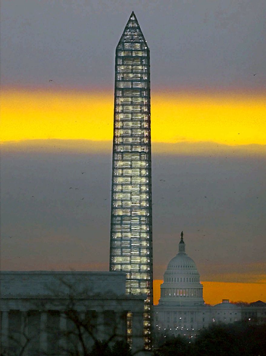The Washington Monument was previously encased in scaffolding in 1999 during a restoration that helped prevent further damage when an earthquake hit the region in August 2011, necessitating the current repairs. (Associated Press)
