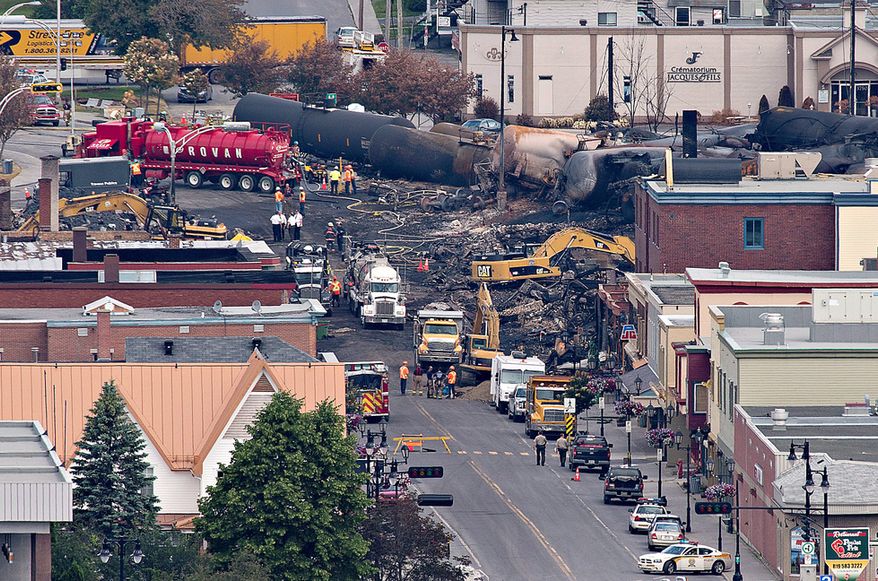 The deadly derailment of a train in Lac-Megantic, Quebec, shows the dangers of transporting oil by rail through highly populated areas. Canadian authorities said they have opened a criminal investigation. (The Canadian Press via Associated Press)