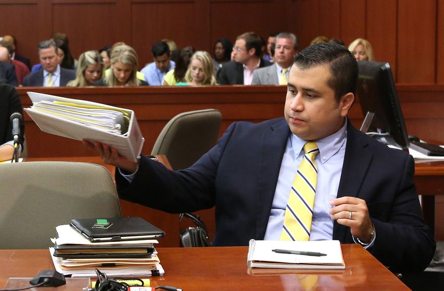George Zimmerman sits at the defense table during his trial in Seminole Circuit Court in Sanford, Fla., on Monday, July 8, 2013. Mr. Zimmerman is charged with second-degree murder in the fatal shooting of Trayvon Martin, an unarmed teen, in 2012. (AP Photo/Orlando Sentinel, Joe Burbank, Pool)